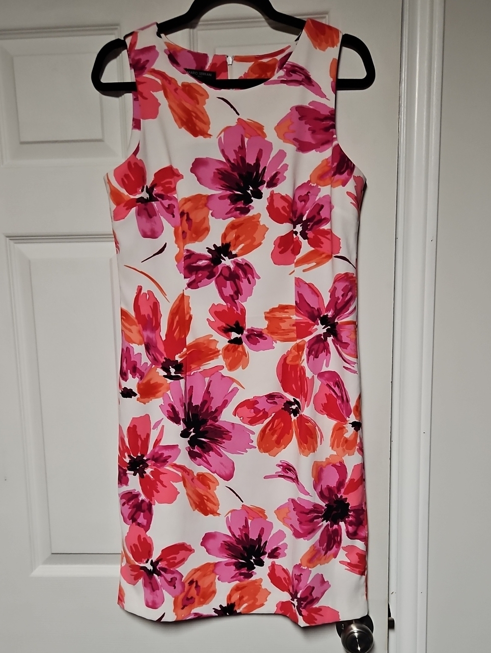 Sleeveless Floral Midi Dress in White with Pink & Orange Blooms